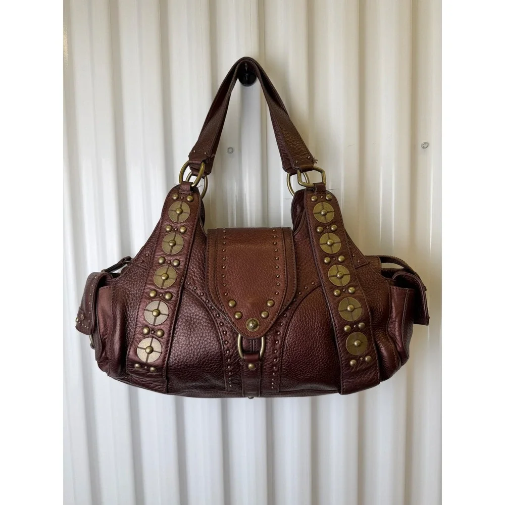 Cole Haan Village Satchel Womens Large Bronze Metallic Leather Good Studded Boho